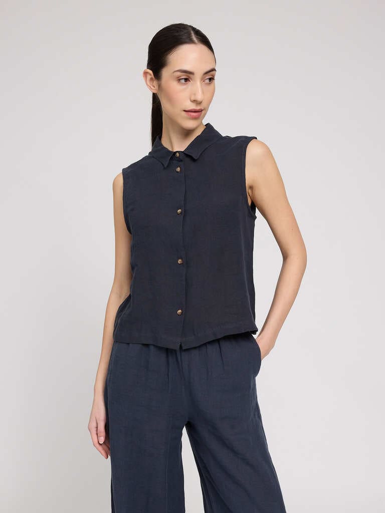 Shirt SLEEVELESS LINEN- ink blue